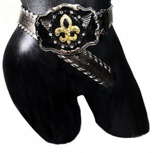 Fluer de Lis Embellished Blk & Silver Bling Buckle